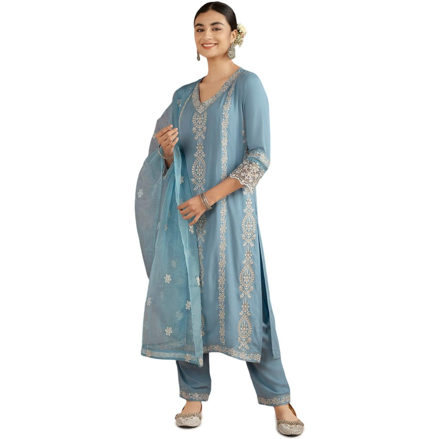 Kaari Rayon Staple 3 PCS Women Kurta Set (KAAAW26WSKD-82026_Jodhpur Blue