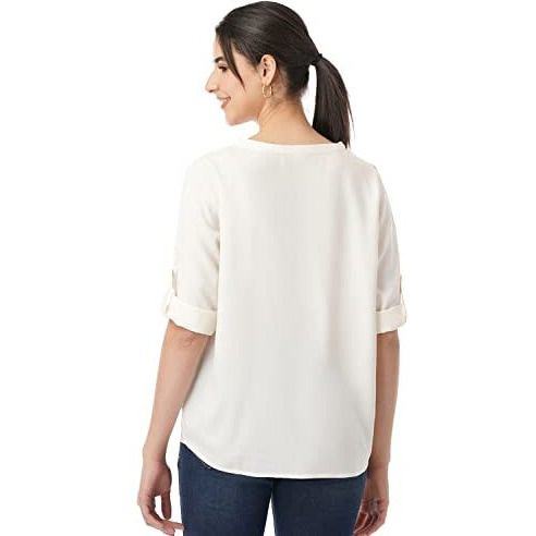 FYLTR Women's Fashion V-Neck Top with Roll-up Sleeves