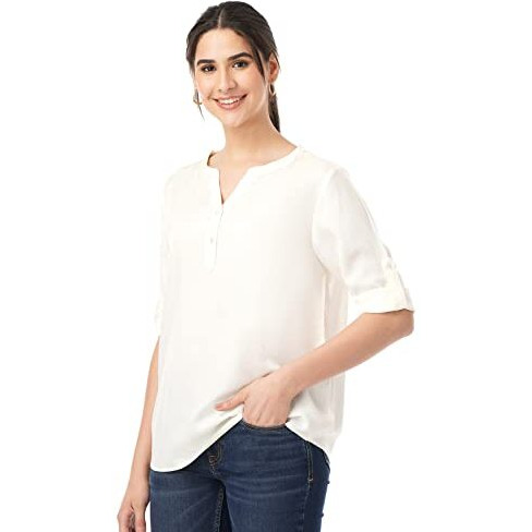 FYLTR Women's Fashion V-Neck Top with Roll-up Sleeves