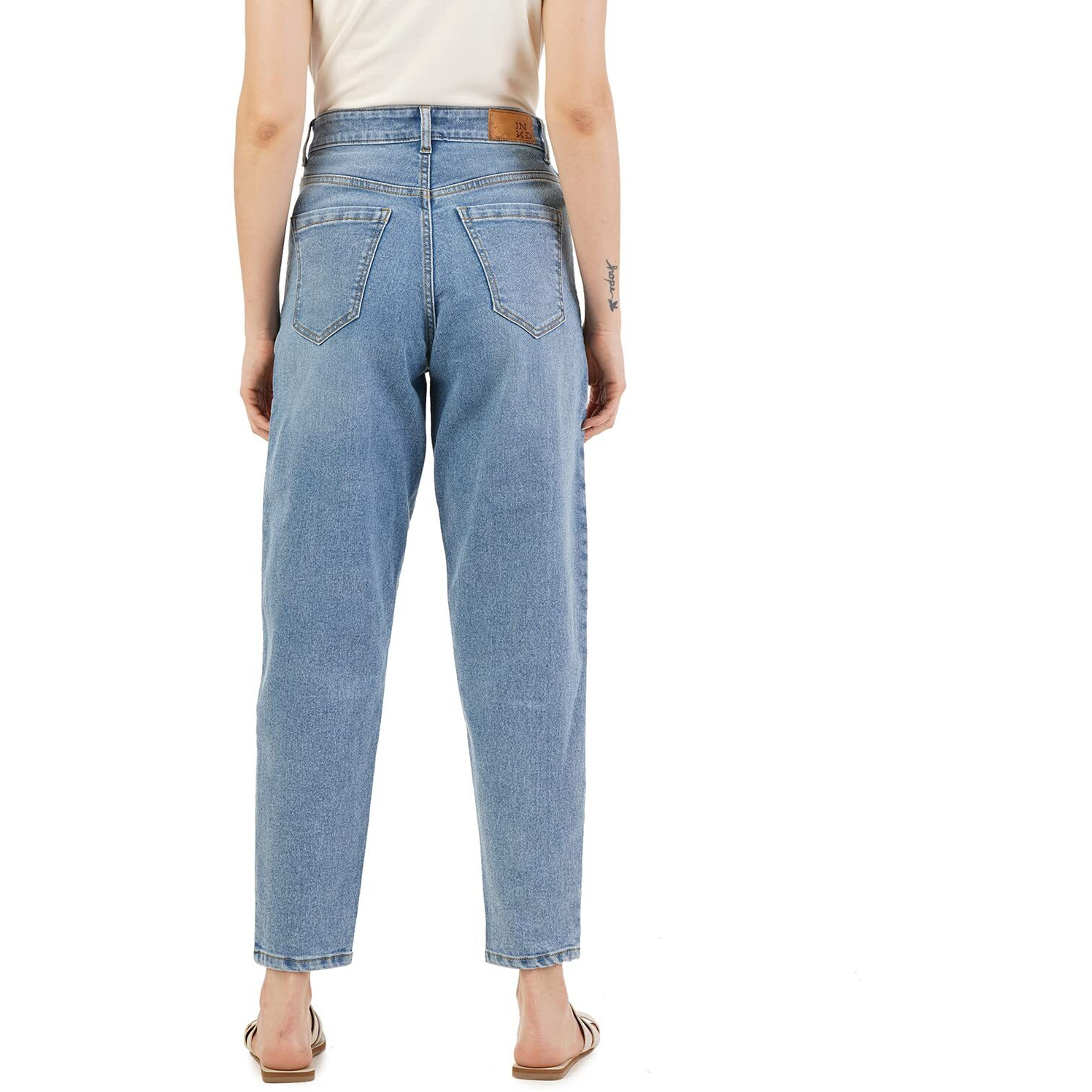 INKD Women's Stretchable Barrel Fit High Rise Jeans (Denim Drama, 32)