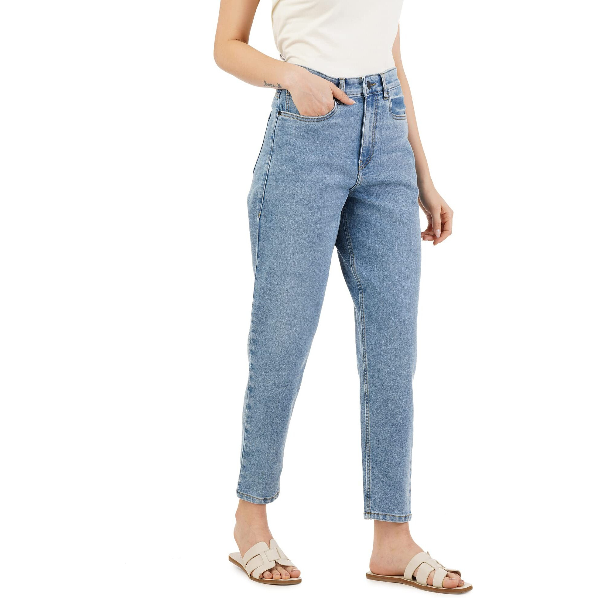 INKD Women's Stretchable Barrel Fit High Rise Jeans (Denim Drama, 30)