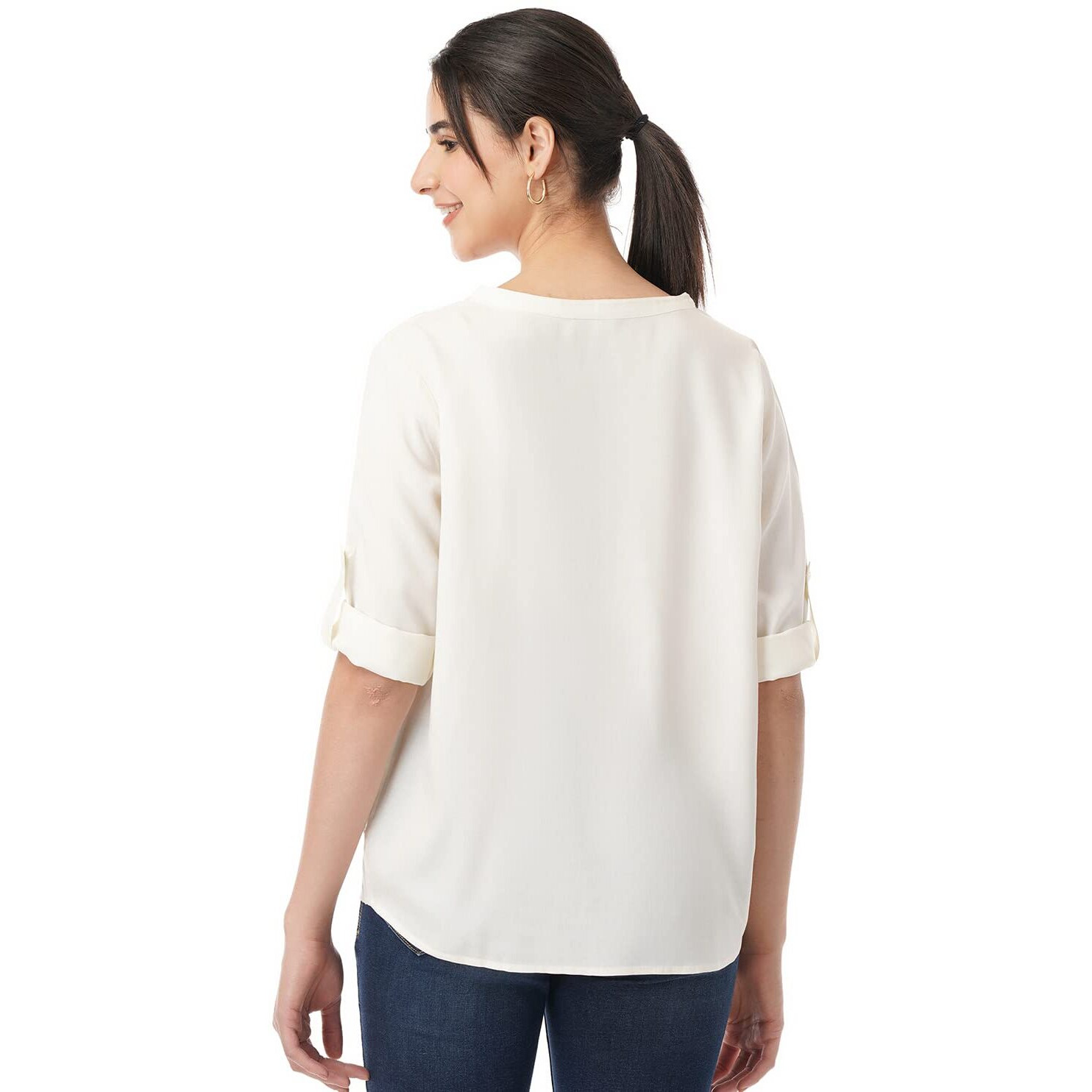FYLTR Women's Fashion V-Neck Top with Roll-up Sleeves