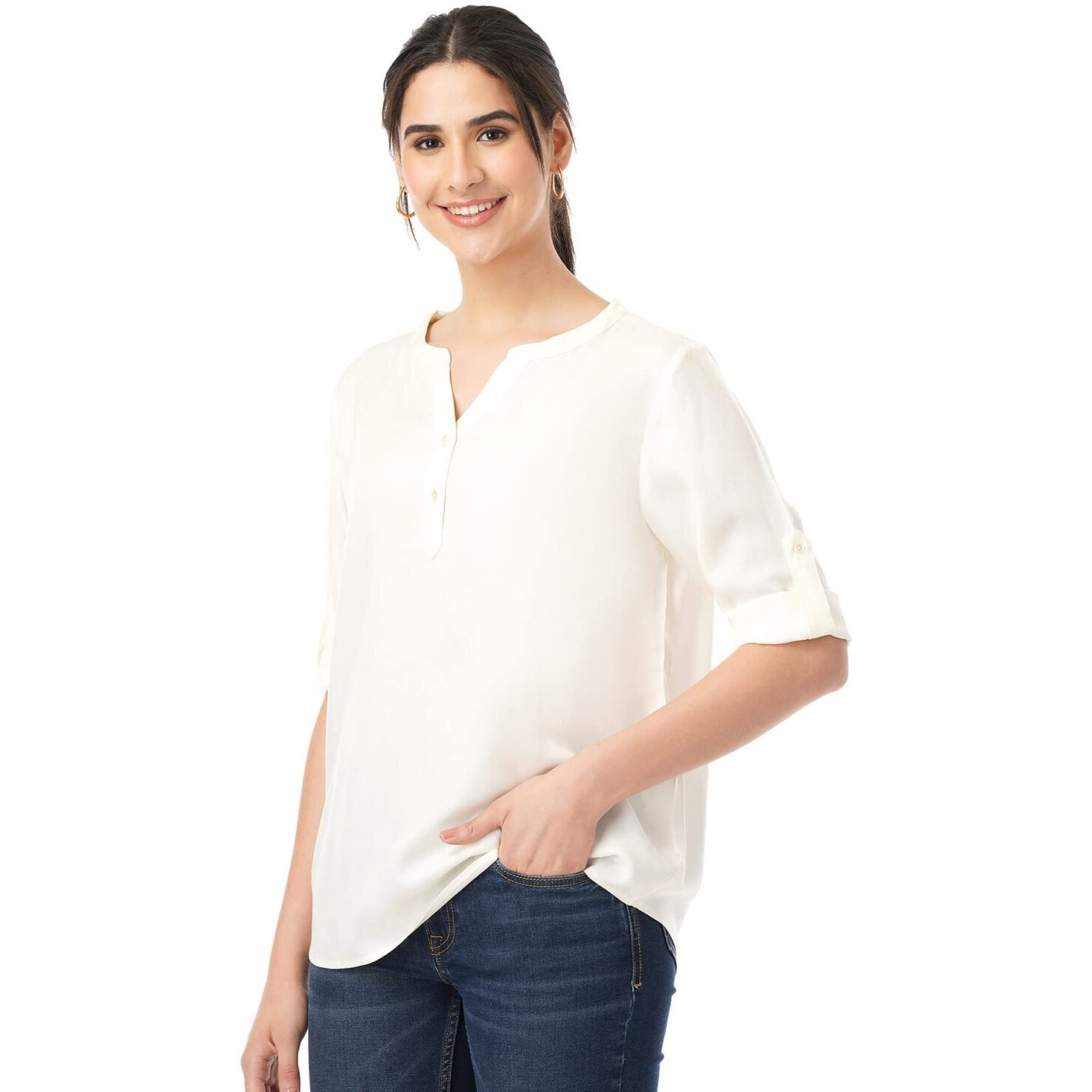 FYLTR Women's Fashion V-Neck Top with Roll-up Sleeves