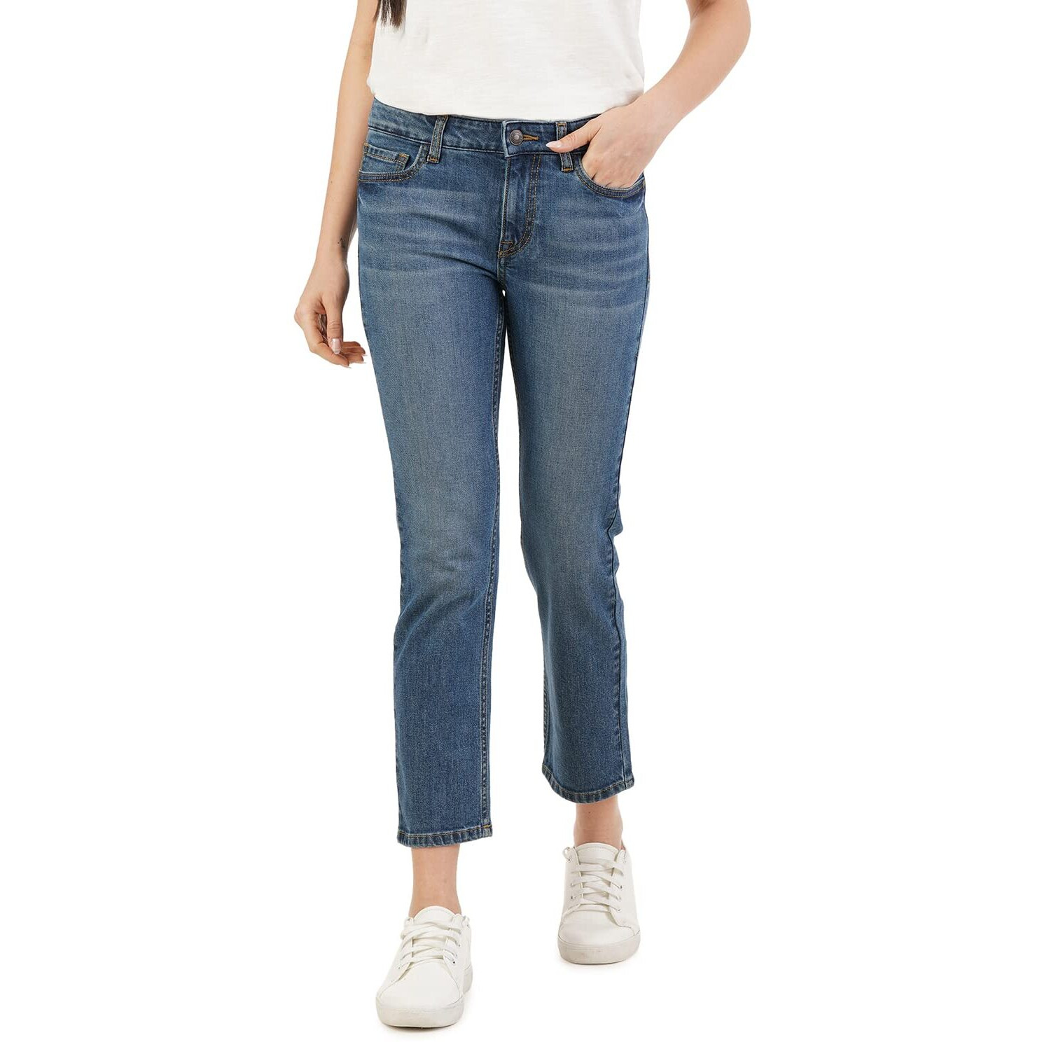 INKD Women's Stretchable Straight Fit High Rise Jeans (Aegean, 32), Blue