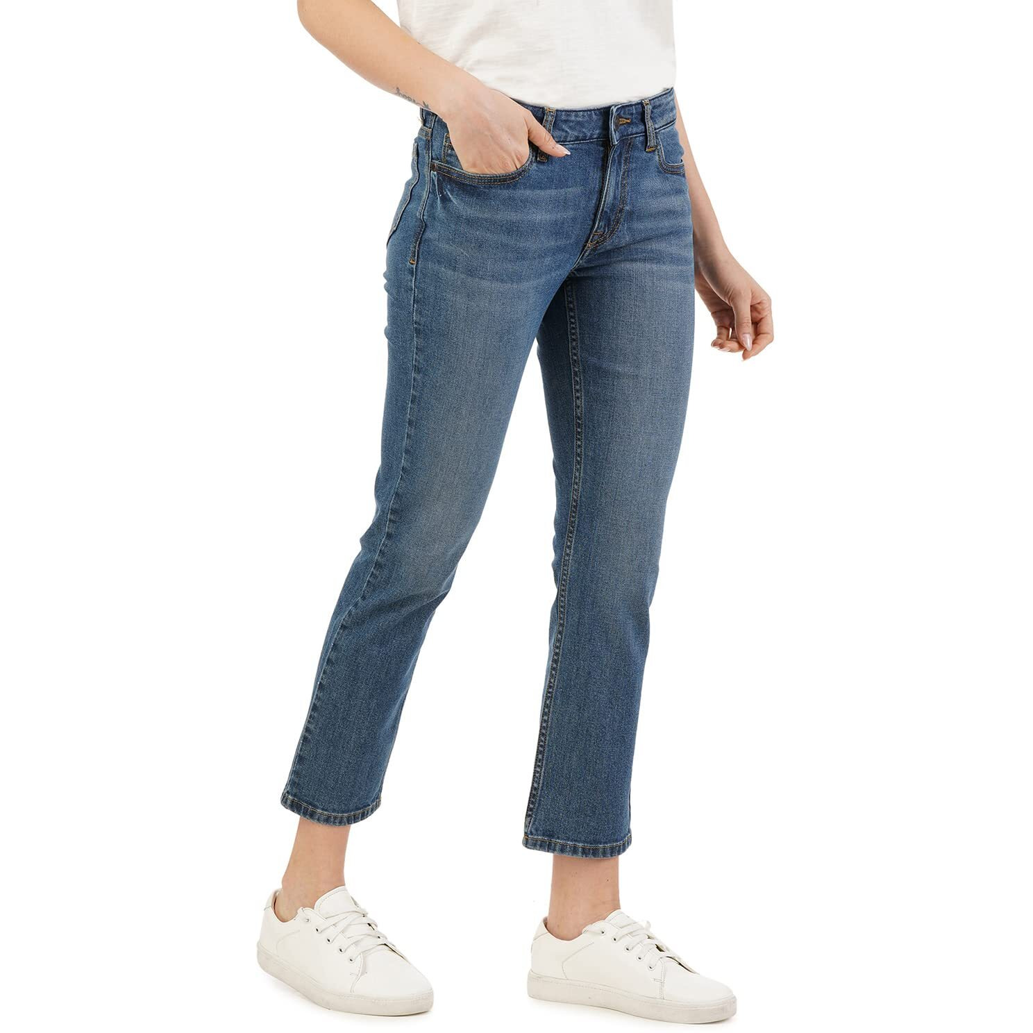 INKD Women's Stretchable Straight Fit High Rise Jeans (Aegean, 32), Blue