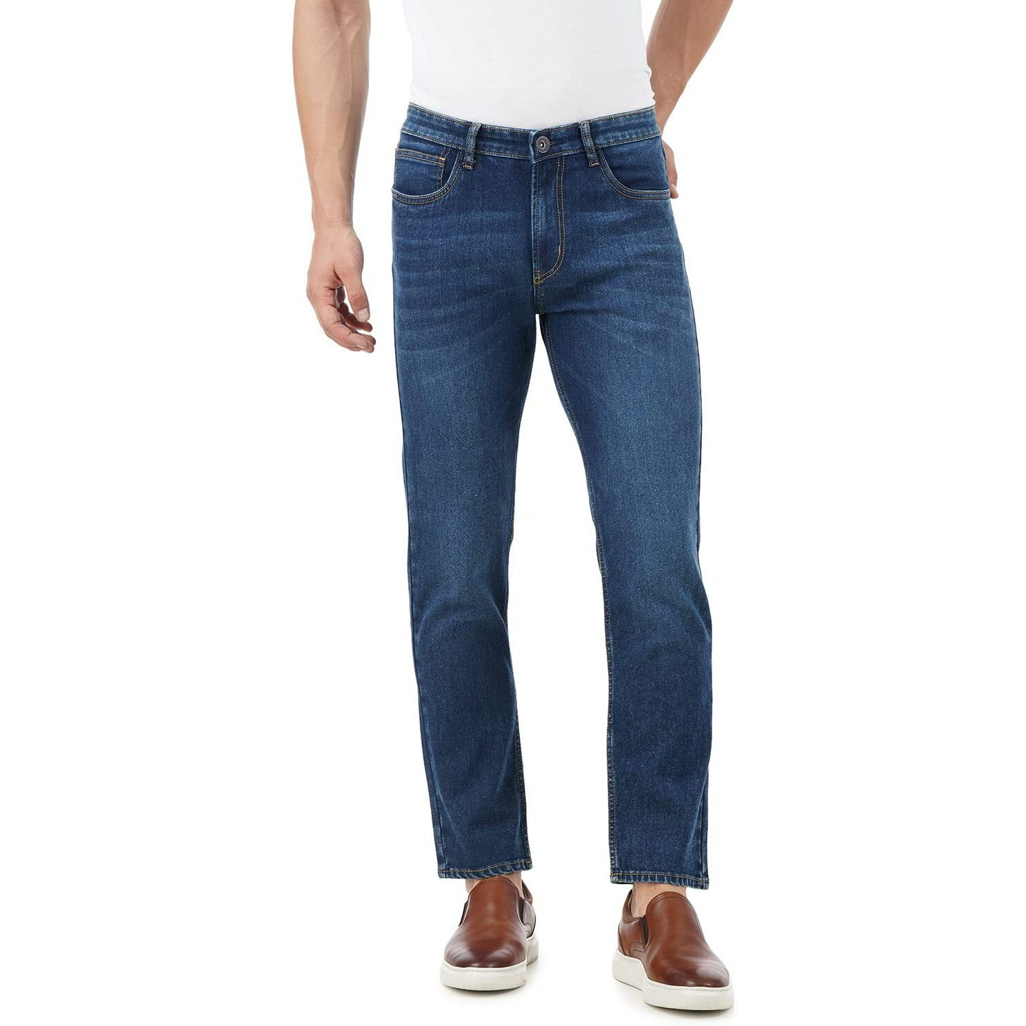 INKD Men's Contrast Stitch Stretchable Regular Fit Jeans