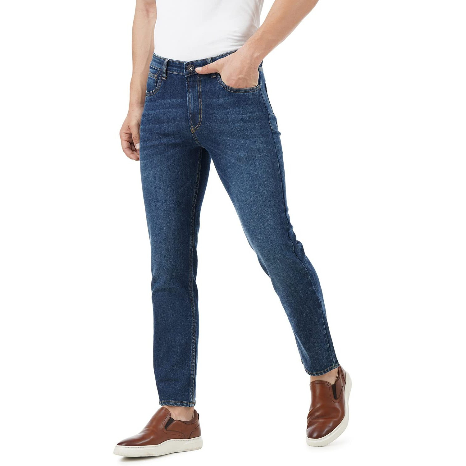 INKD Men's Contrast Stitch Stretchable Regular Fit Jeans