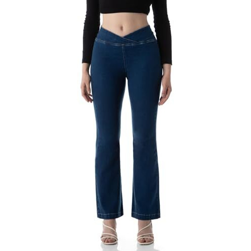 INKD Women's Flared Pull-on Jeans - Mid-Rise| Enzyme Wash | Slant Waistband (INKSS24WJN-404-Denim Delight-34)
