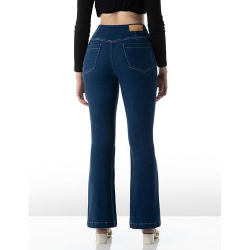 INKD Women's Flared Pull-on Jeans - Mid-Rise| Enzyme Wash | Slant Waistband (INKSS24WJN-404-Denim Delight-34)