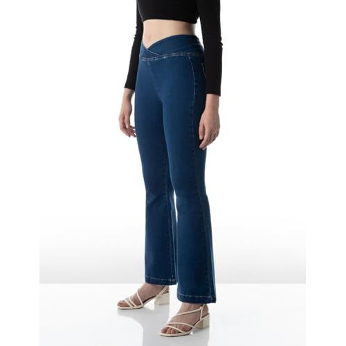 INKD Women's Flared Pull-on Jeans - Mid-Rise| Enzyme Wash | Slant Waistband (INKSS24WJN-404-Denim Delight-34)