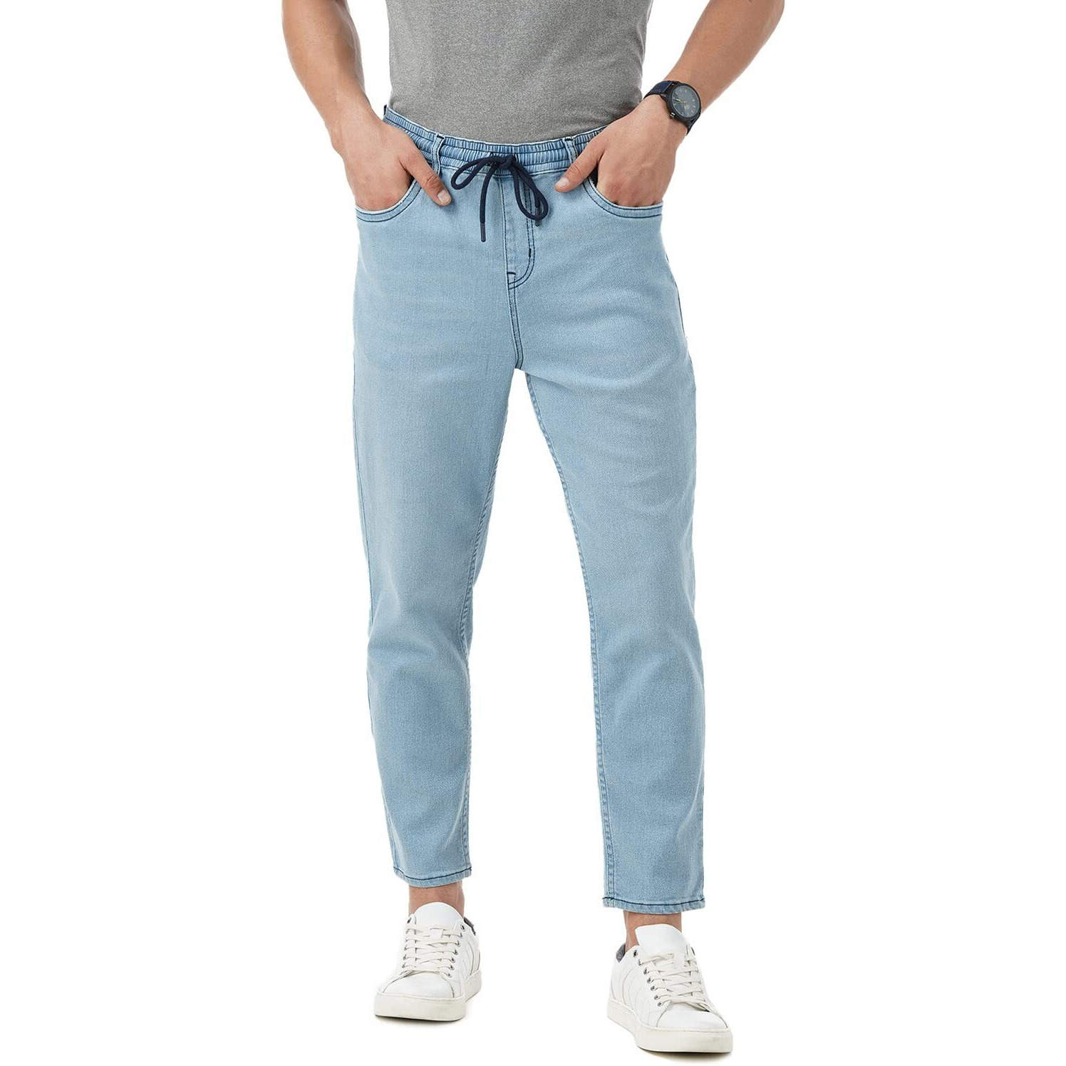 INKD Men's Stretchable Jogger Mid Rise Jeans (Sky Why, 36)