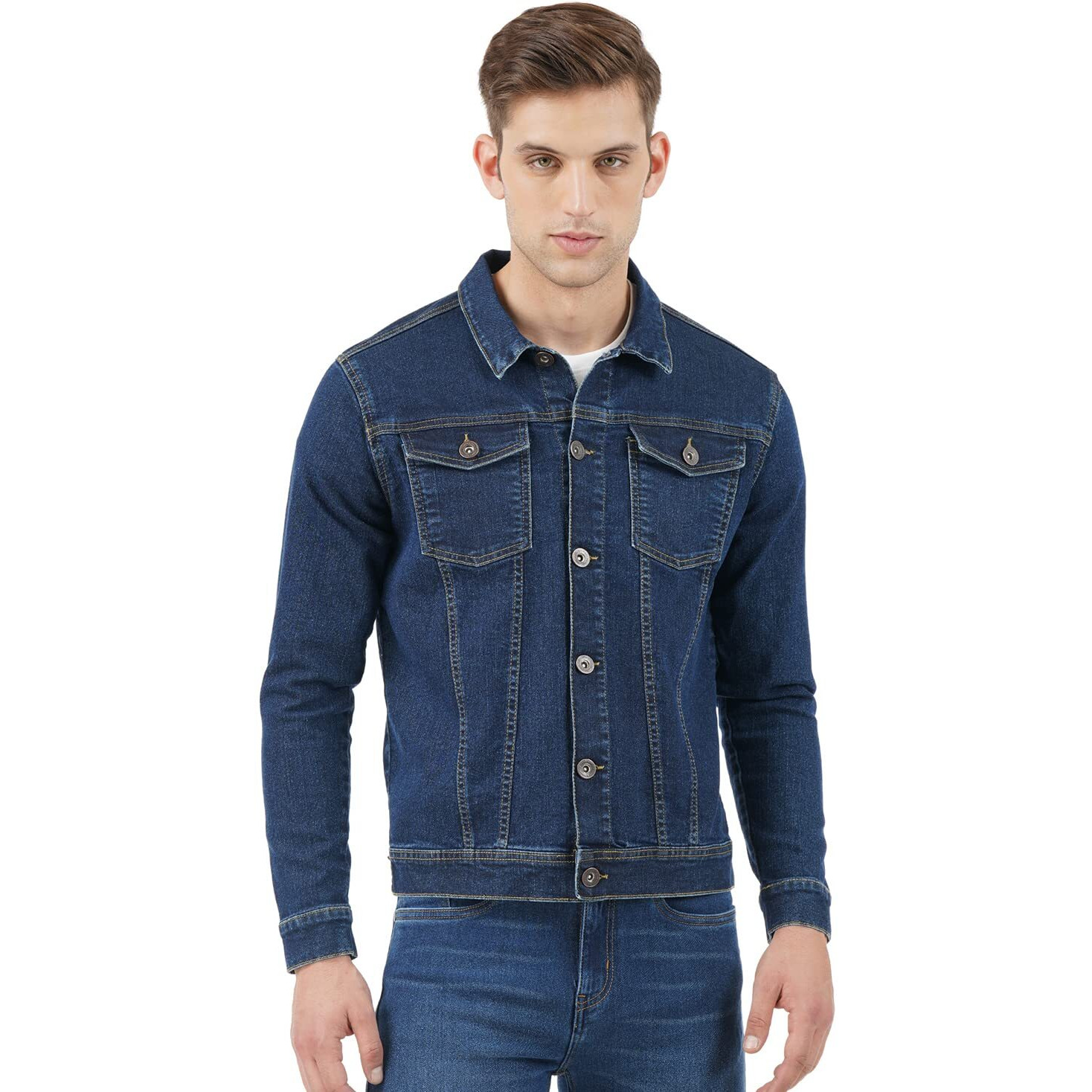INKD Men's Stretch Denim Standard Length Jacket (Indigo-Aegean, M), Medium