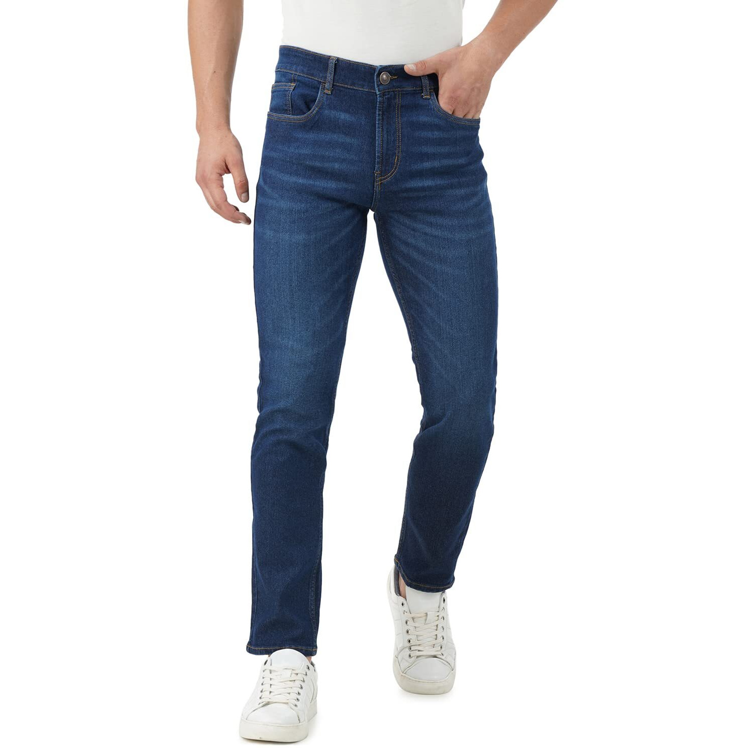 INKD Men's Stretchable Regular Fit Mid Rise Jeans (INDIGO -Super sapphire, 32)