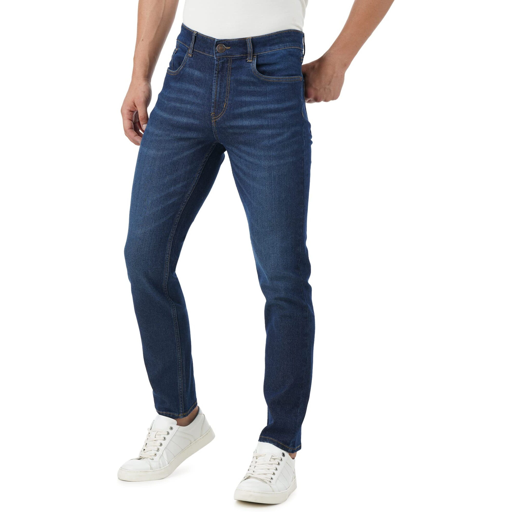 INKD Men's Stretchable Regular Fit Mid Rise Jeans (INDIGO -Super sapphire, 36), Blue