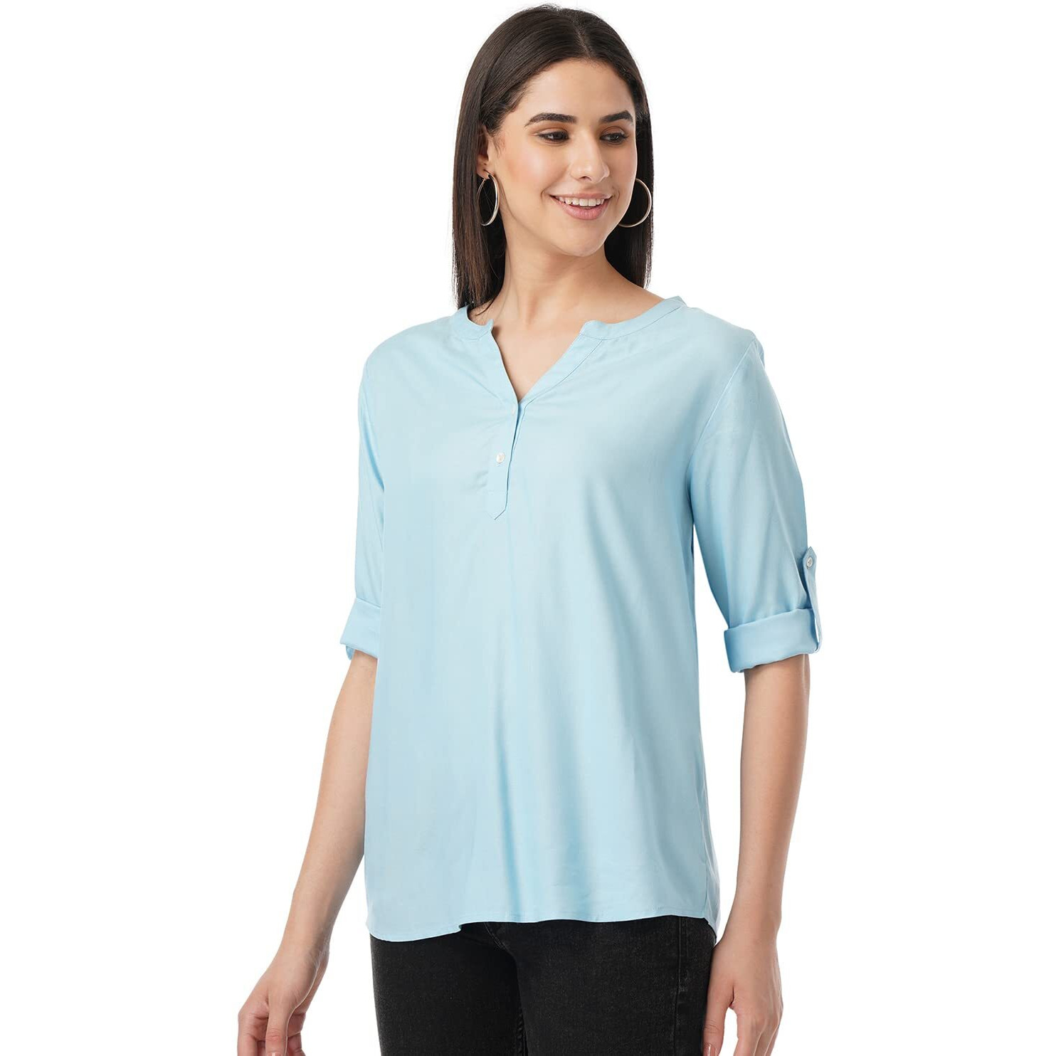FYLTR Women's Fashion V-Neck Top with Roll-up Sleeves