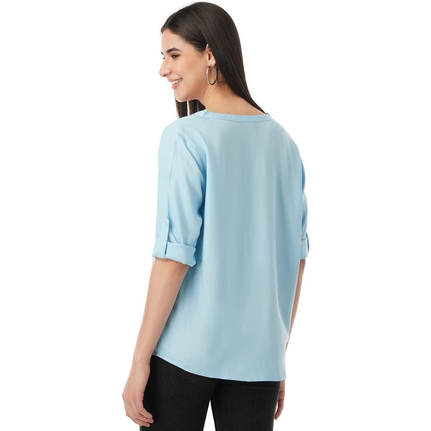 FYLTR Women's Fashion V-Neck Top with Roll-up Sleeves