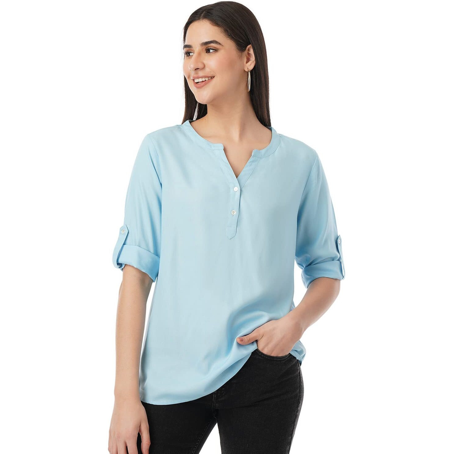 FYLTR Women's Fashion V-Neck Top with Roll-up Sleeves