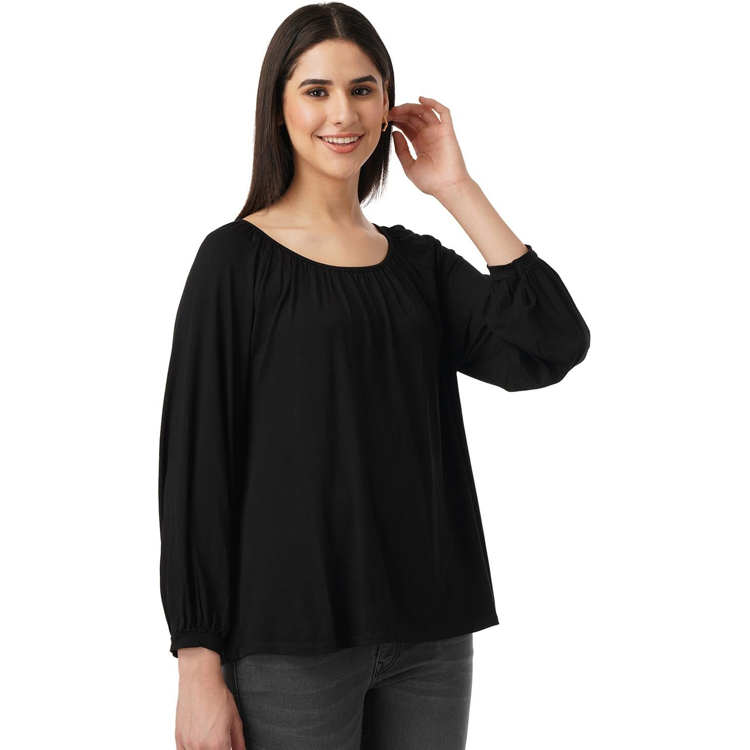 FYLTR Women's Solid Regular Fit Blouse (FYLSS23WKT-007_Black Heart L)