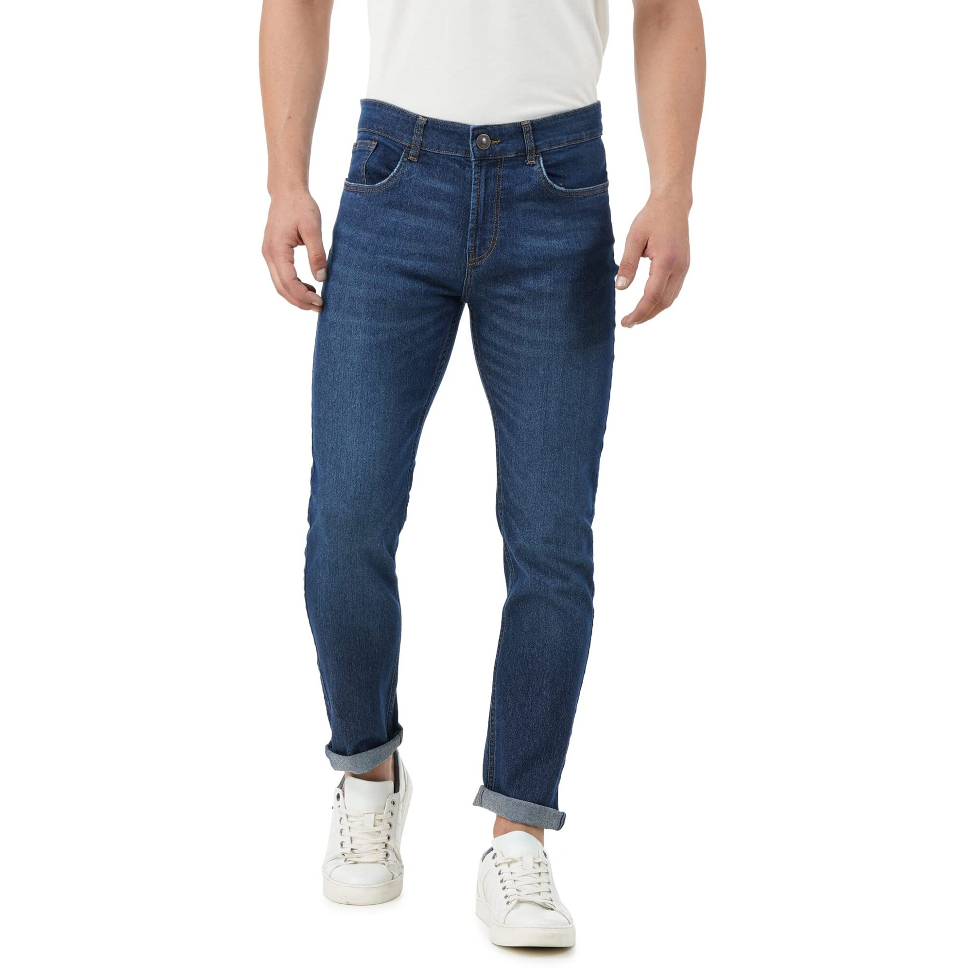 INKD Men's Stretchable Regular Fit Mid Rise Jeans (INDIGO - Denim divine, 36)