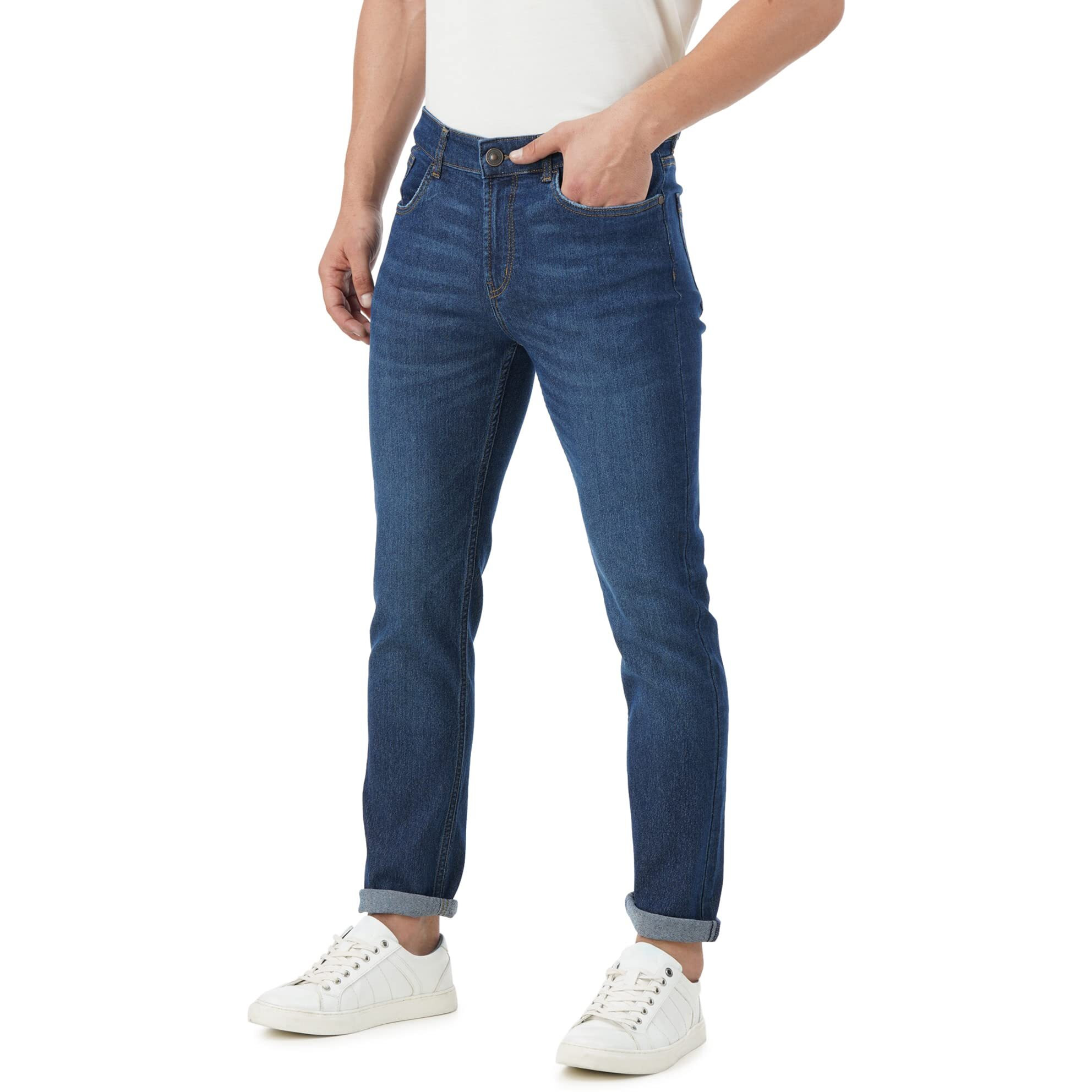 INKD Men's Stretchable Regular Fit Mid Rise Jeans (INDIGO - Denim divine, 36)