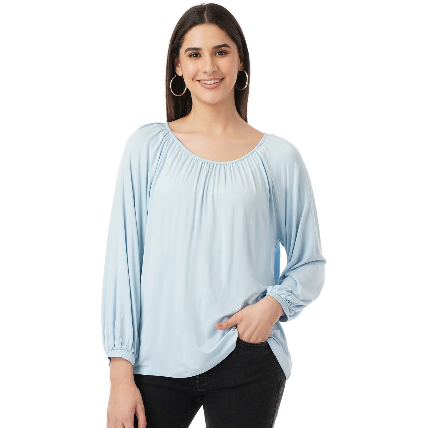 FYLTR Women's Solid Regular Fit Blouse (FYLSS23WKT-007_Happy Hue Blue XXL)