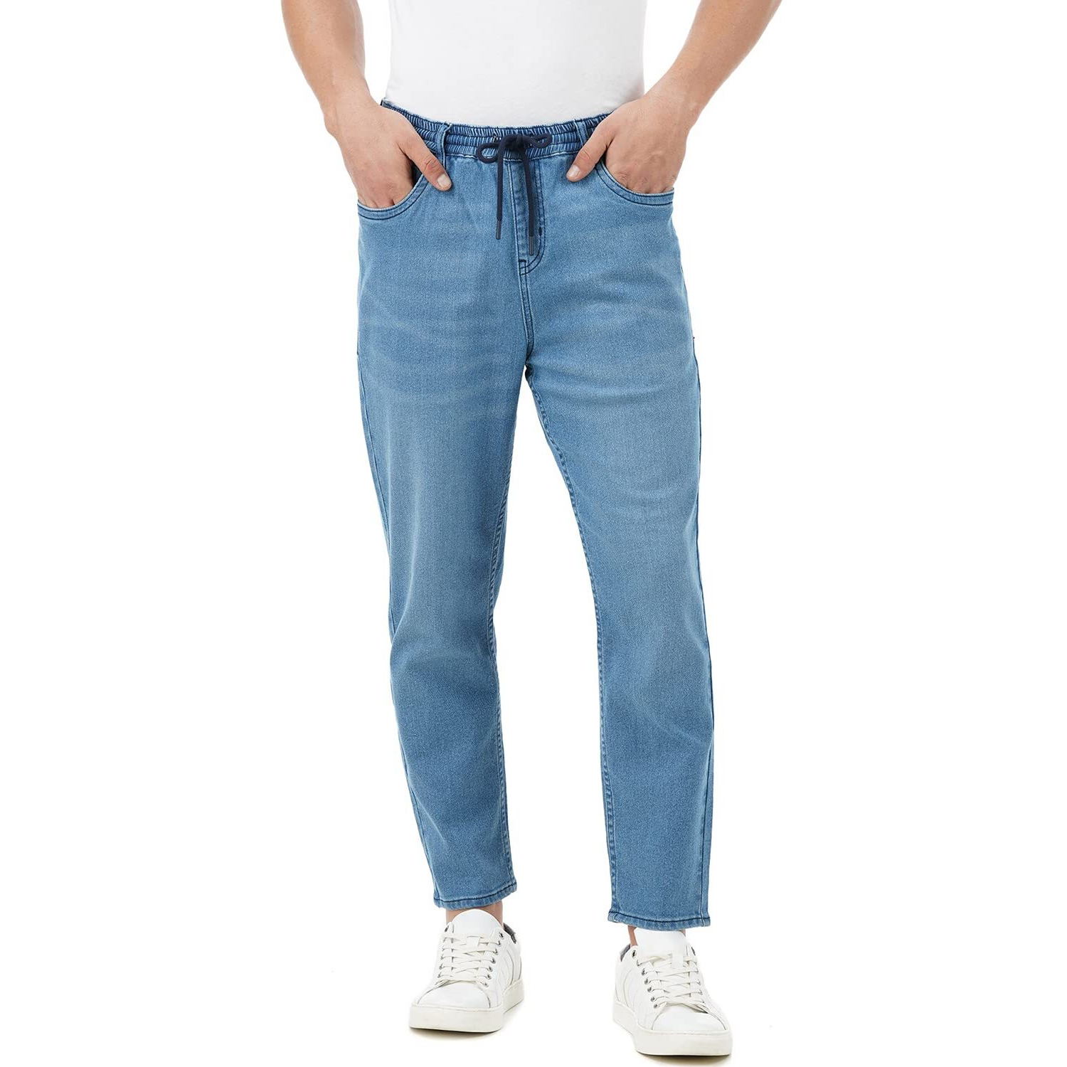 INKD Men's Stretchable Mid Rise Jogger Jeans (Denim Divine, 28), Blue