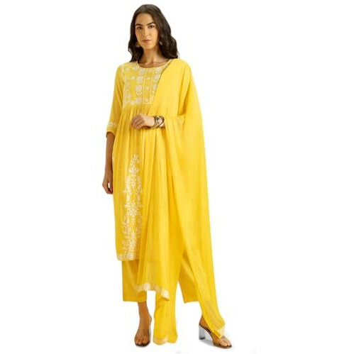 Kaari Rayon Womens Kurta Set (KAAAW24WSKD-70018_Amaltas Yellow_L)