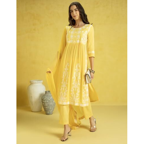 Kaari Rayon Womens Kurta Set (KAAAW24WSKD-70018_Amaltas Yellow_L)