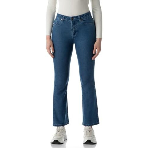 INKD Women's Flared Bootcut Mid Rise Jeans - High-Rise | Enzyme Wash | Classic 5 Pocket Styling (INKSS24WJN-410-Denim Delight-30)