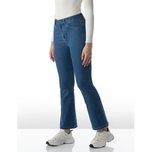 INKD Women's Flared Bootcut Mid Rise Jeans - High-Rise | Enzyme Wash | Classic 5 Pocket Styling (INKSS24WJN-410-Denim Delight-30)