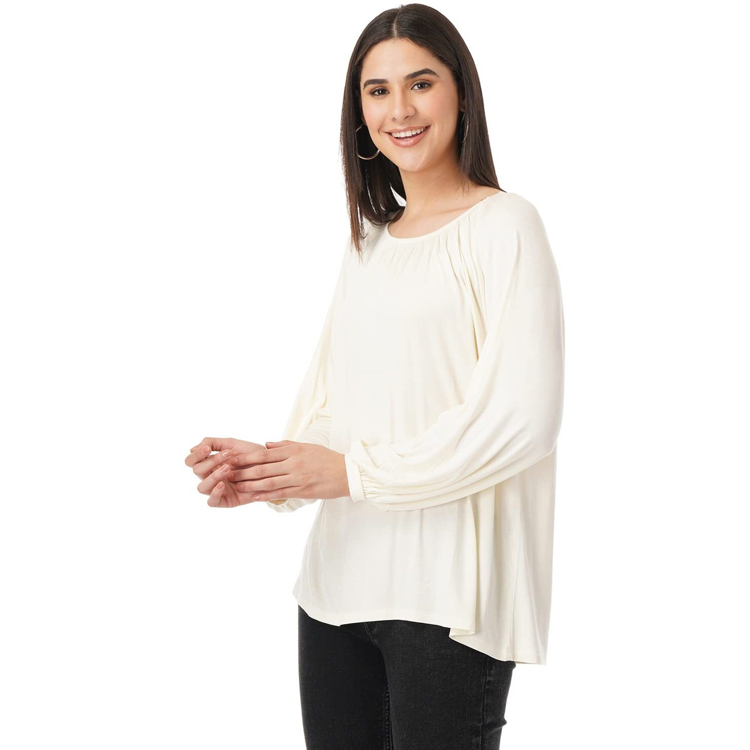 FYLTR Women's Solid Regular Fit Blouse (FYLSS23WKT-007_Ivory White L)