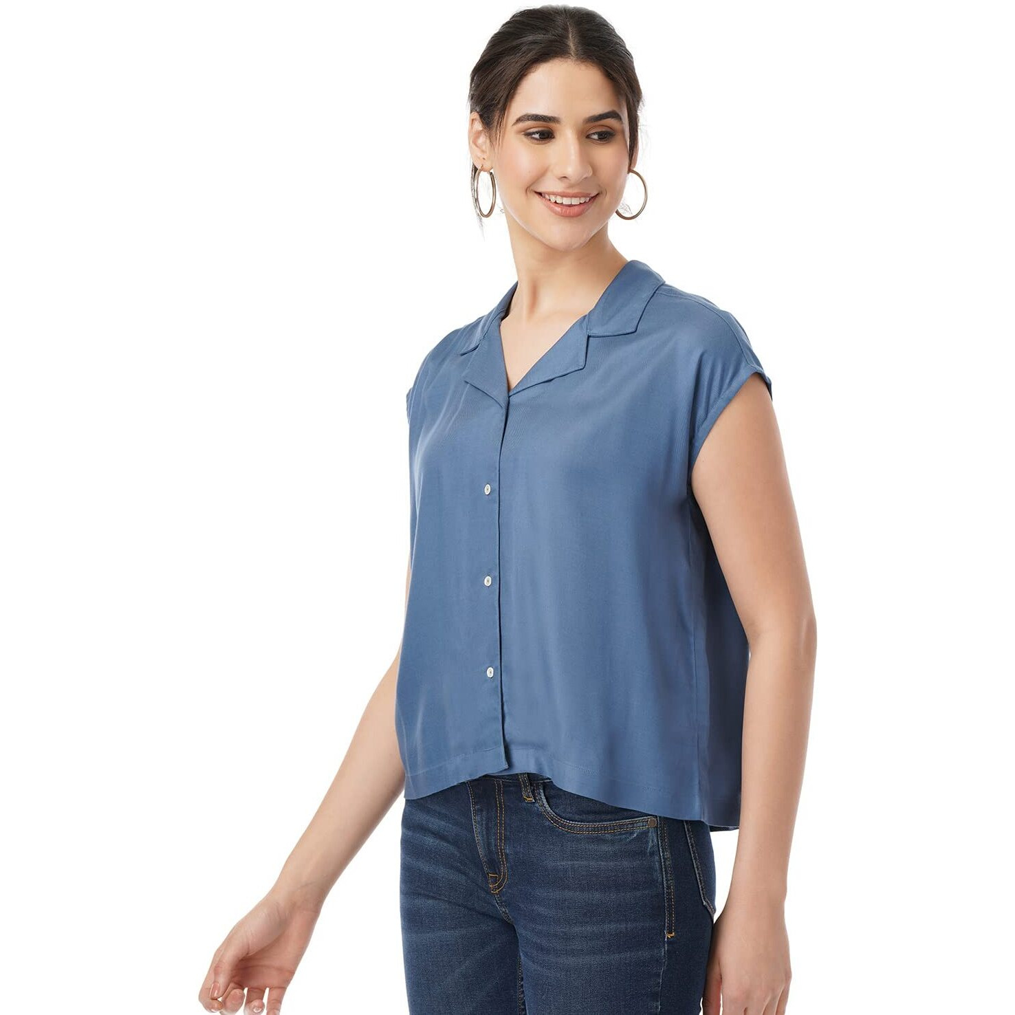 FYLTR Women's Solid Regular Fit Blouse (FYLSS23WB-021_Stellar Blue S)
