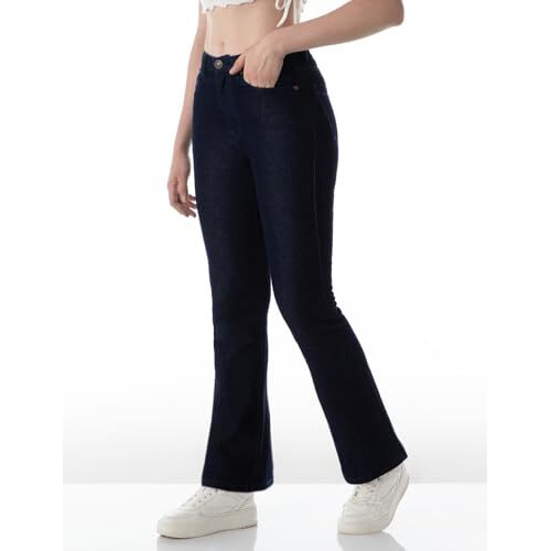 INKD Women's Flared Bootcut Mid Rise Jeans - High-Rise | Enzyme Wash | Classic 5 Pocket Styling (INKSS24WJN-410-Dark Knight-32)