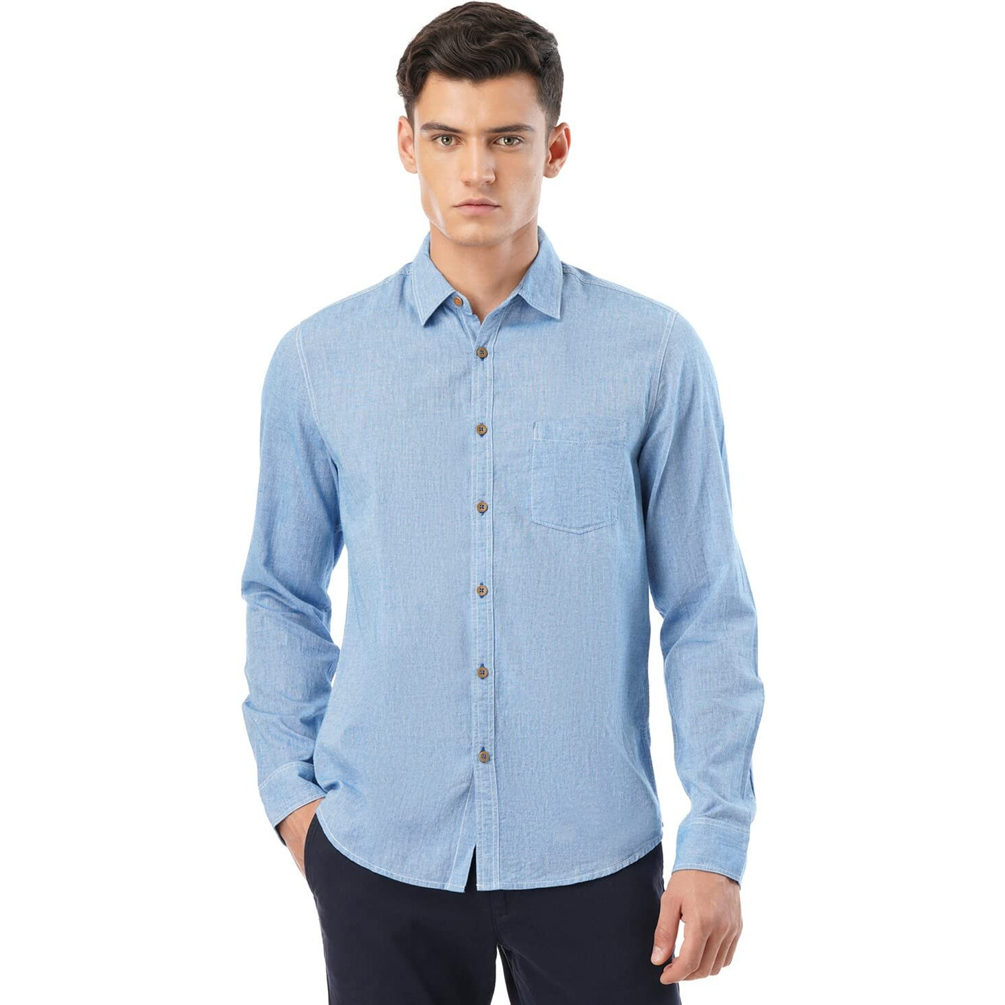 FYLTR Cotton Men's Solid Regular Fit Shirt (FYLSS23MS-015_Cool Blue L)