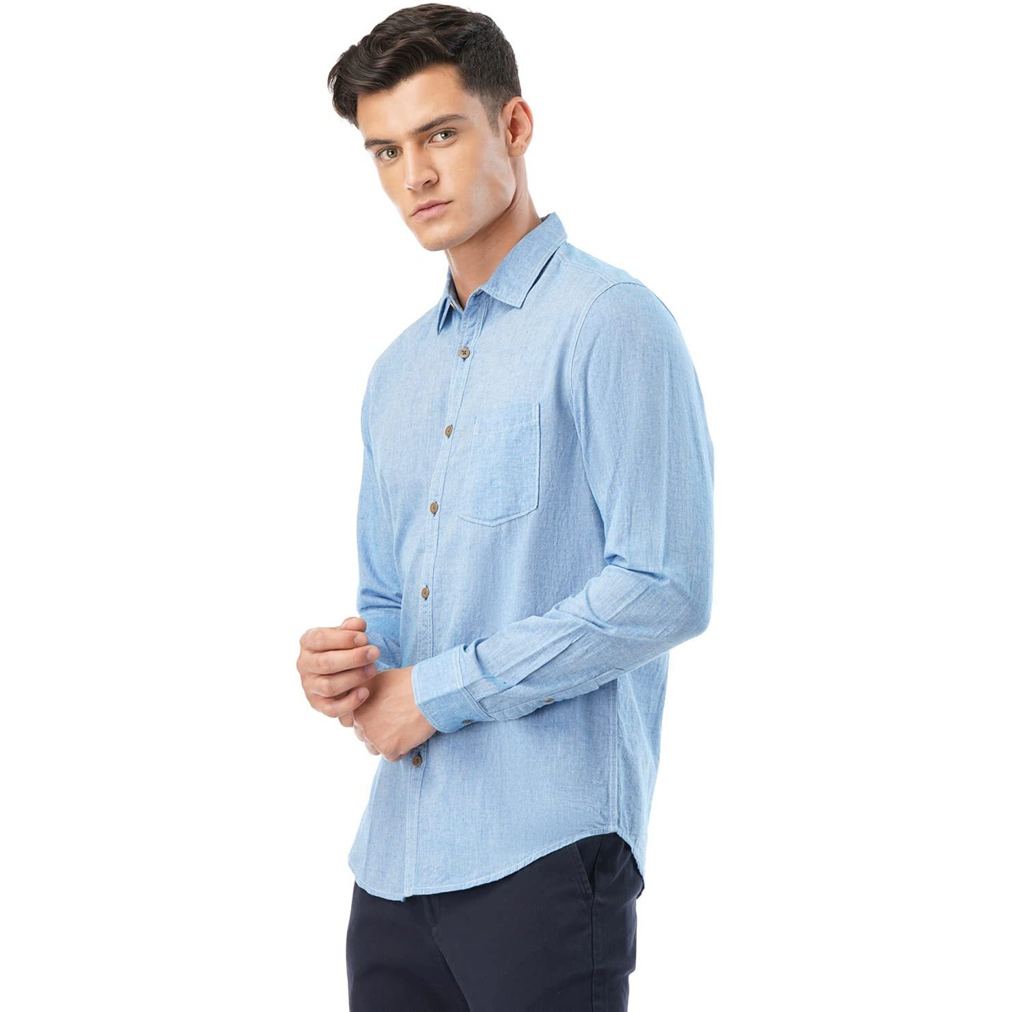 FYLTR Cotton Men's Solid Regular Fit Shirt (FYLSS23MS-015_Cool Blue L)