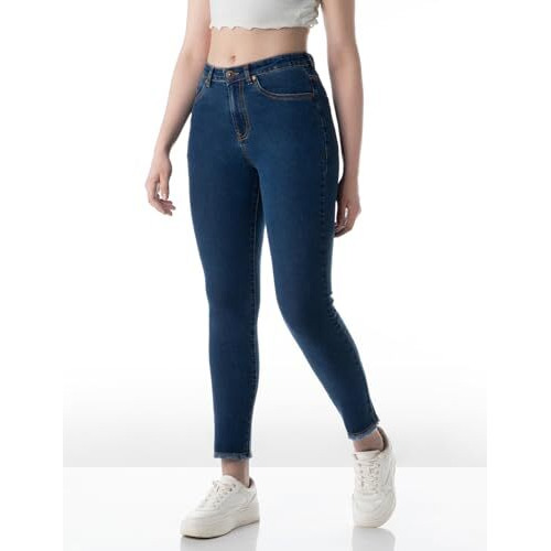 INKD Women's Slim Fit High Rise Jeans - Mid-Rise| Enzyme Wash | Classic 5 Pocket Styling (INKSS24WJN-405-Denim Delight-32), Blue