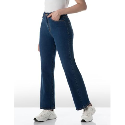 INKD Women's Wide Leg Jeans - High Rise | Enzyme Wash | Classic 5 Pocket Styling(INKSS24WJN-407-Denim Delight-36), Blue