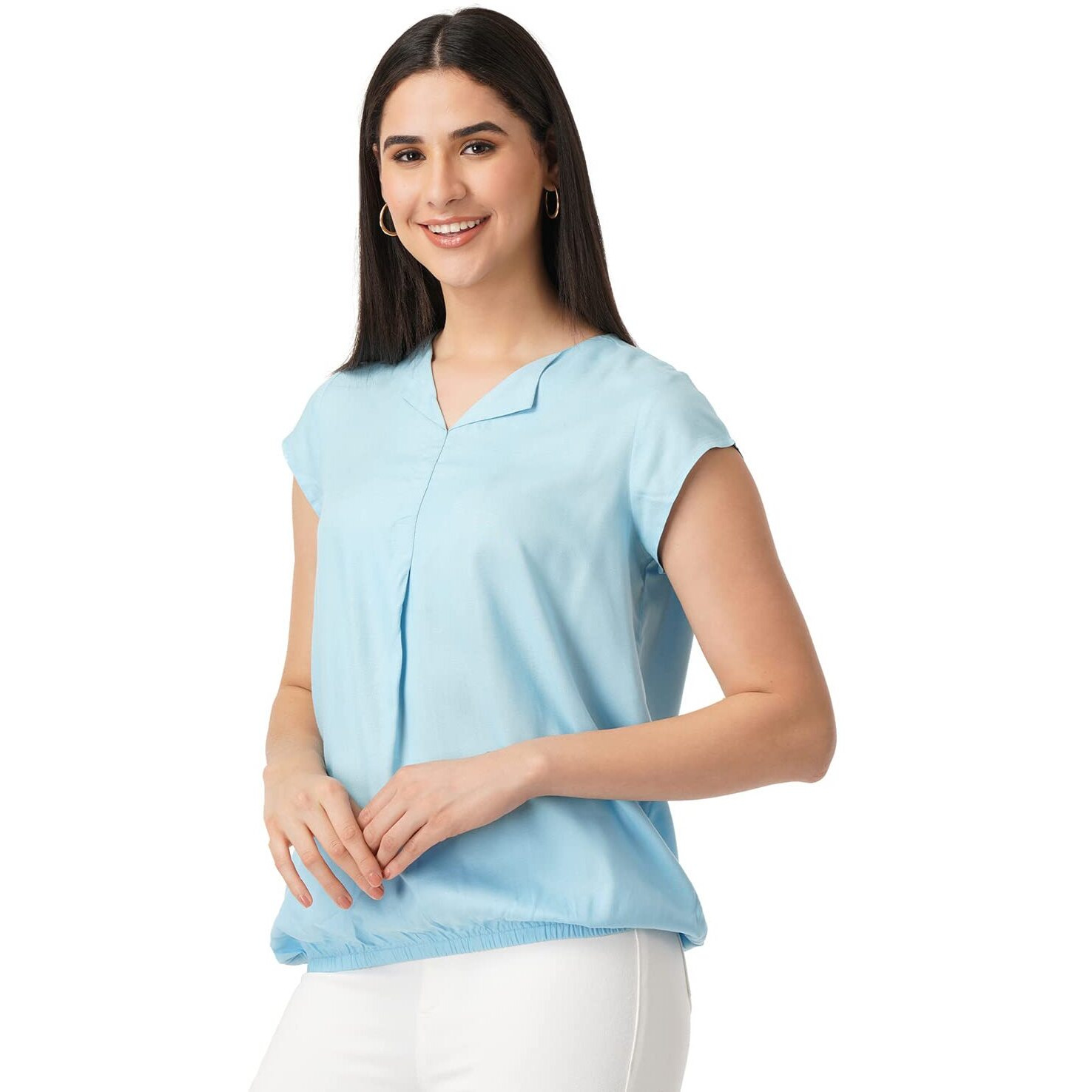 FYLTR Women's Solid Regular Fit Blouse (FYLSS23WB-024_Happy Hue Blue L)