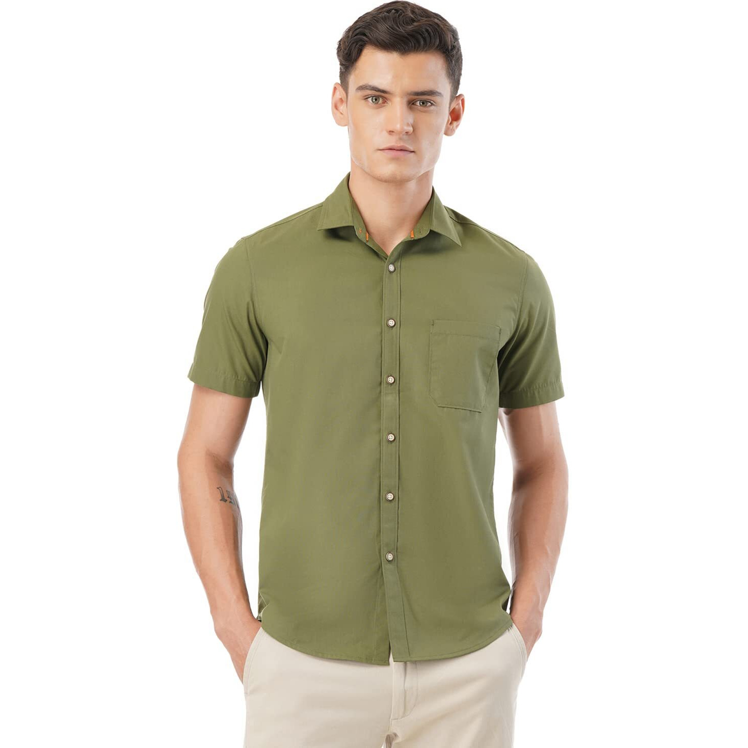 FYLTR Men's Solid Regular Fit Shirt (FYLSS23MS-012_Mythical Olive L)