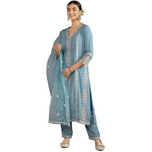 Kaari Rayon Staple 3 PCS Women Kurta Set (KAAAW26WSKD-82026_Jodhpur Blue