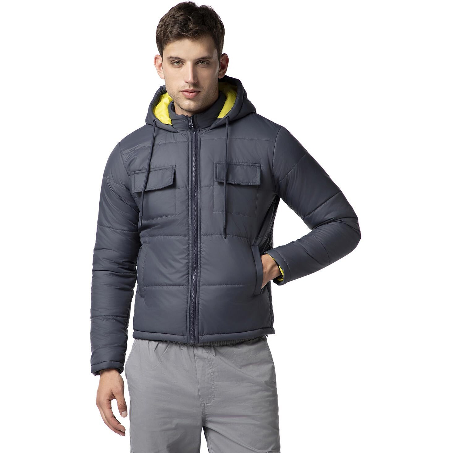 FYLTR Men's Lightweight Winter Puffer Jacket with Stand Collar & Hood- Full Zipper | Side Pockets | Front Patch Pockets with Snap Button
