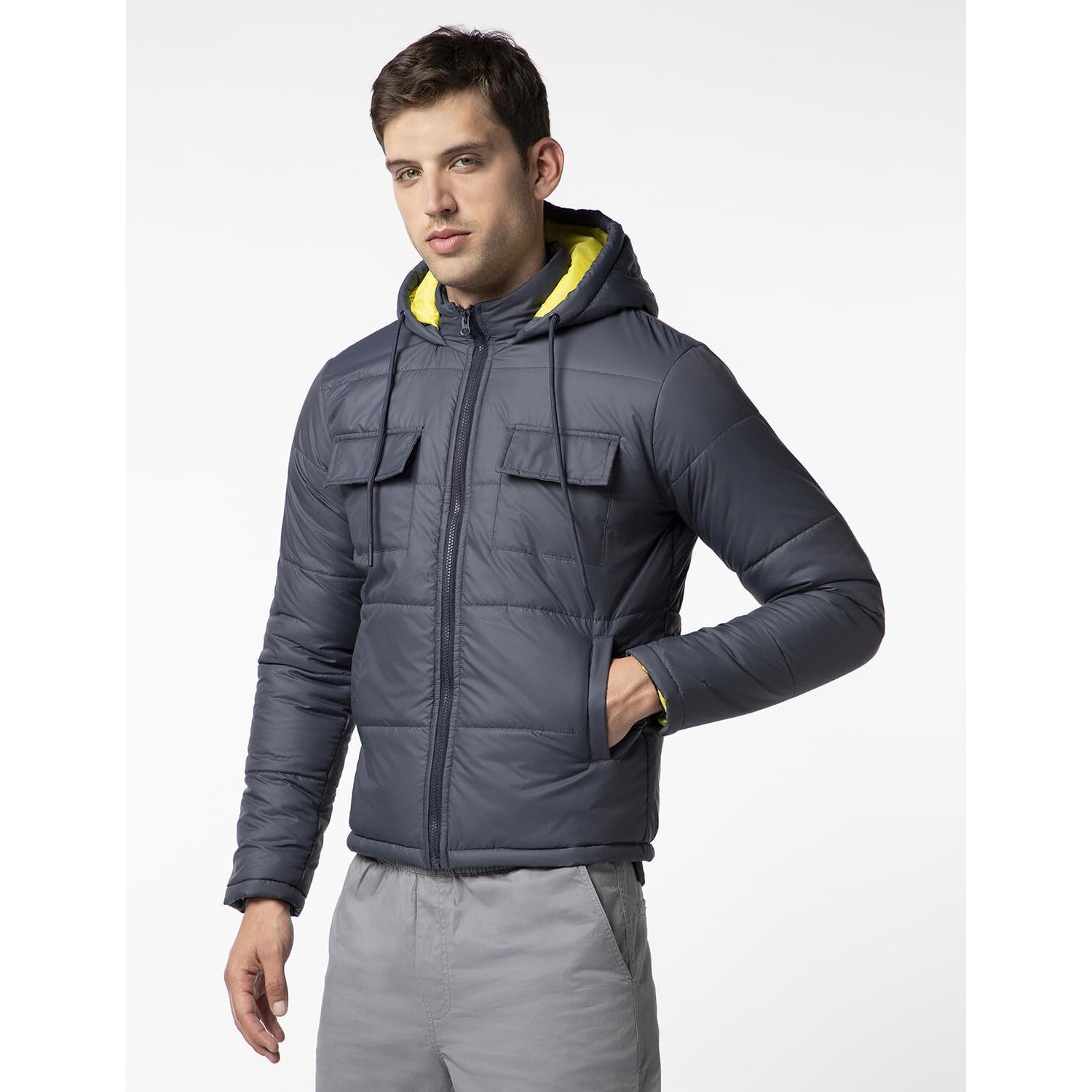 FYLTR Men's Lightweight Winter Puffer Jacket with Stand Collar & Hood- Full Zipper | Side Pockets | Front Patch Pockets with Snap Button