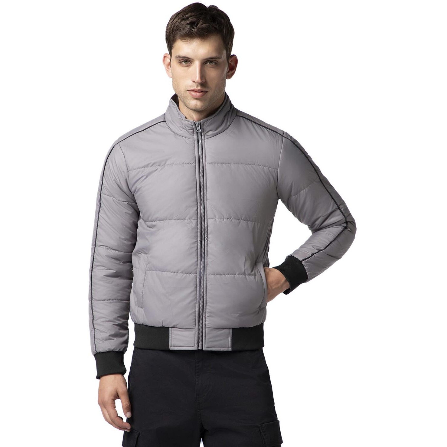 FYLTR Men's Lightweight Winter Puffer Jacket with Contrast Piping Detail - Stand Collar | Full Zipper | Side Pockets | Ribbed Hem & Cuff