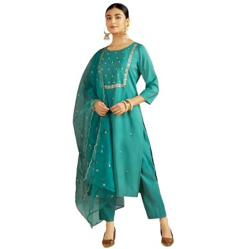 Kaari Roman Silk Womens Kurta Set (KAAAW24WSKD-72002_Imperial Teal_M)