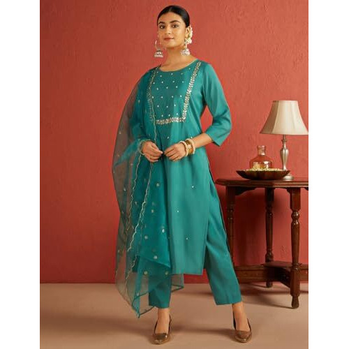 Kaari Roman Silk Womens Kurta Set (KAAAW24WSKD-72002_Imperial Teal_M)