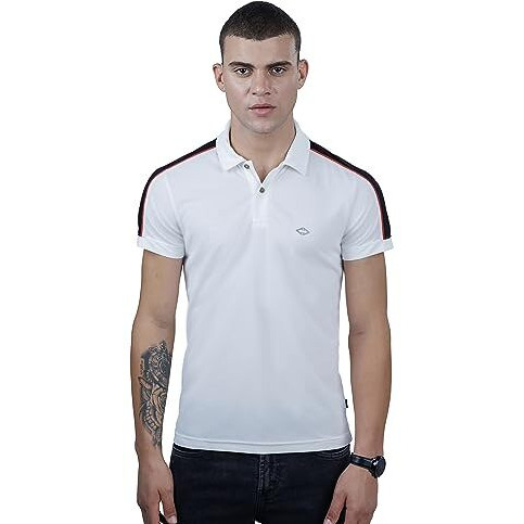 REVOLT Solid Slim Fit Men's Soft & Comfortable Polo T-Shirt-with Logo Branding (Cloud Dancer, M) (REVSS23-POL-004