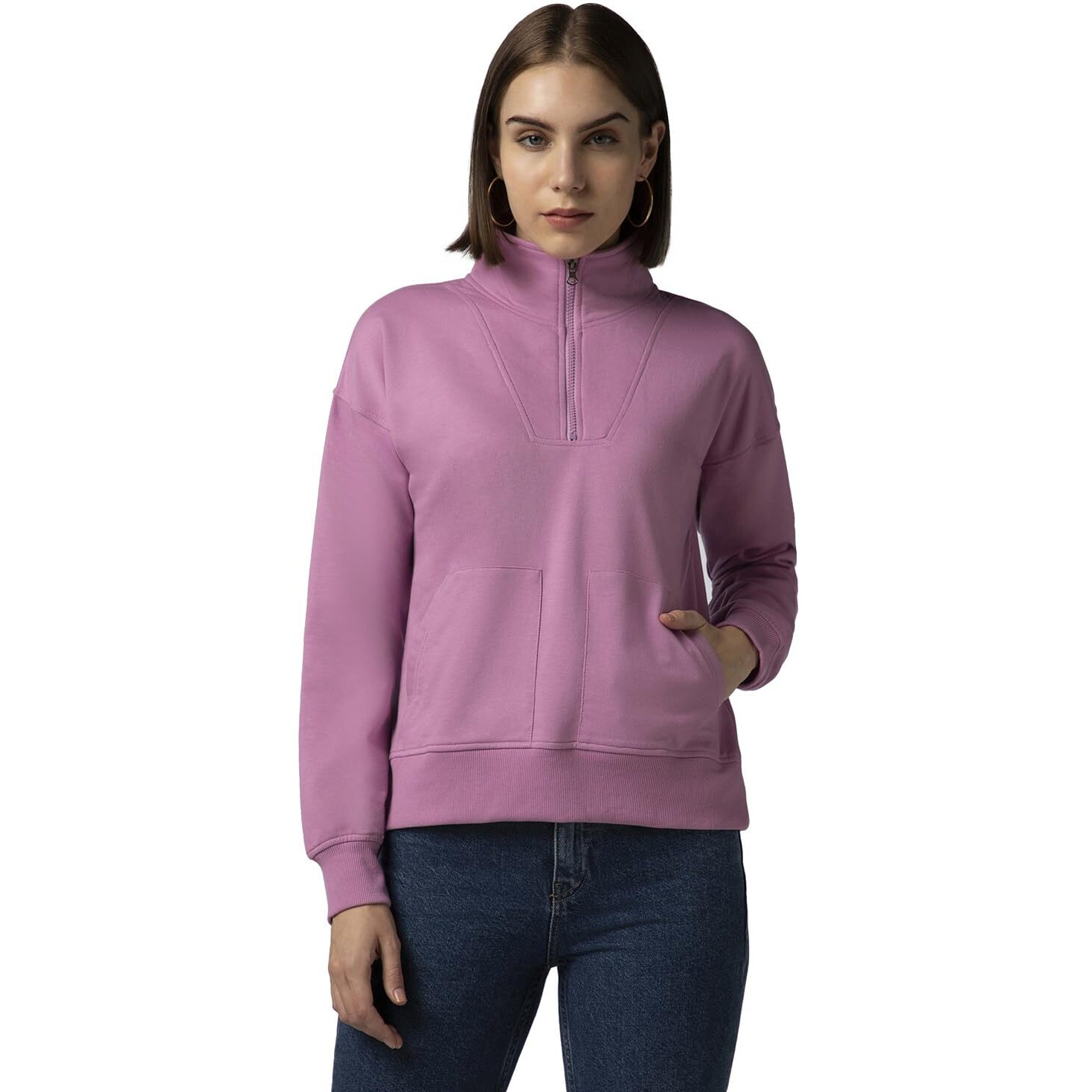 FYLTR Women's Casual Stand Collar Jacket with Drop Shoulder & Boxy Fit - Half Zipper | Utility Pockets | Rib Hem & Cuff