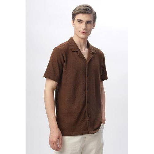 FYLTR Men's Regular Fit Knit Shirt (FYLSS24MKS-302_Mocha Swirl L)