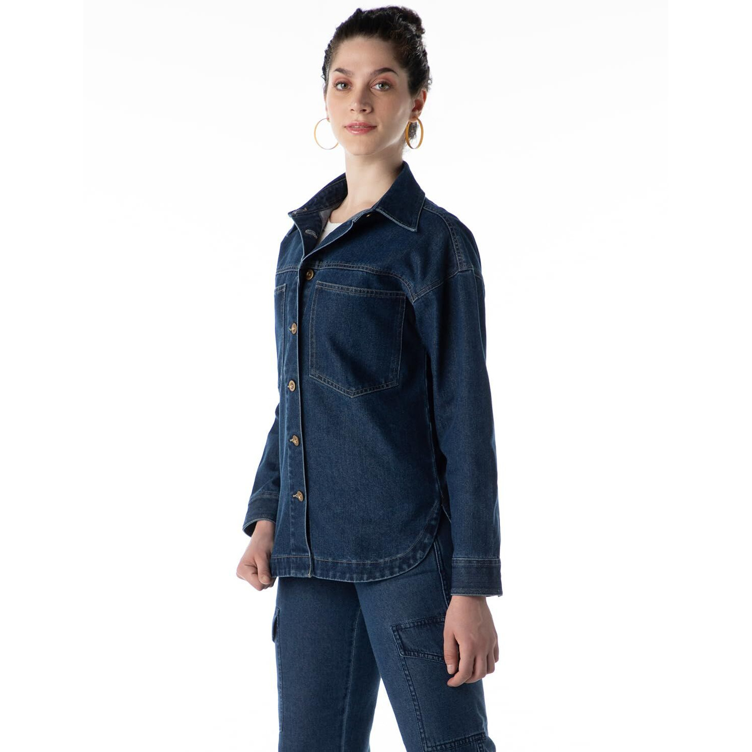 INKD Women's Denim Shacket (INKSS24WSHKT-411_Retro Blue_XL)