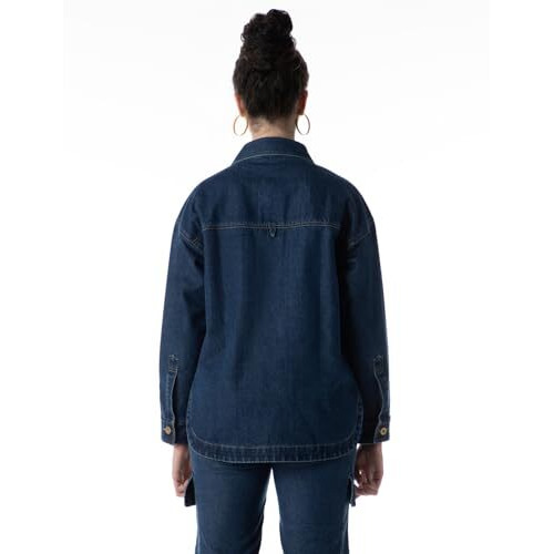 INKD Women's Cotton Blend Standard Length Denim Shacket Jacket (INKSS24WSHKT-411_Retro Blue_M)